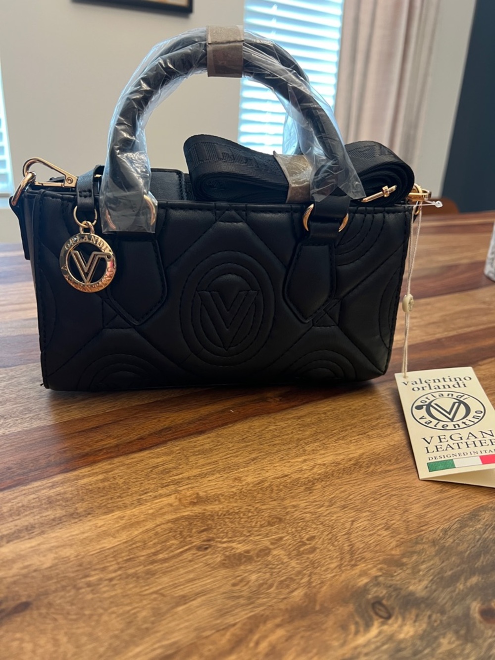 Valentino Orlandi Black Quilted Satchel with Gold-Tone Charm